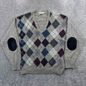 Fisherman Out of Ireland Sweater Mens XL Argyle V-Neck Lambswool Silk Blend Knit
